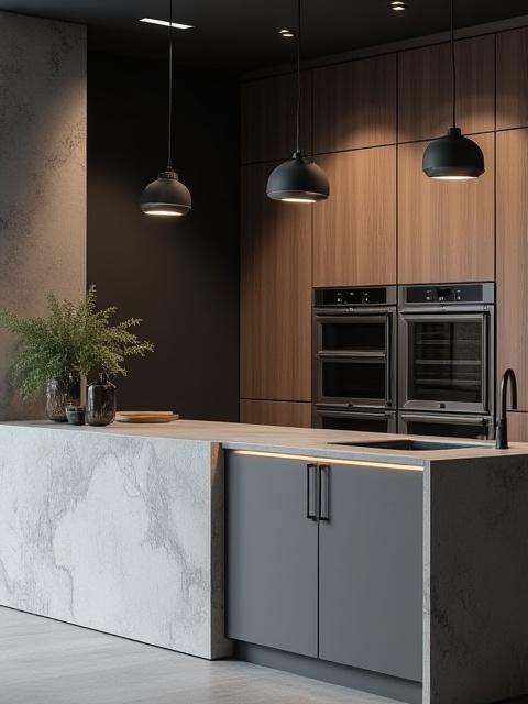 Moderne kjøkken med industriell stil, med betongbenkeplate og minimalistiske skap