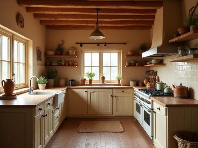 Rustikt landlig kjøkken med synlige bjelker og varme farger