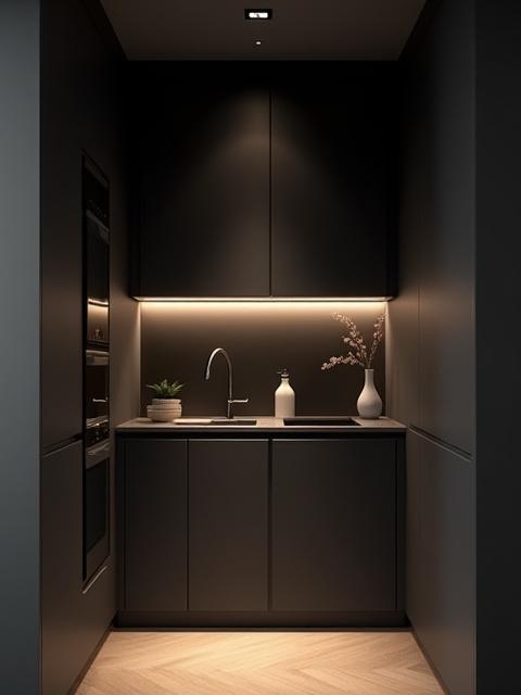 Kompakt, elegant kjøkken i en urban leilighet med mørke fronter
