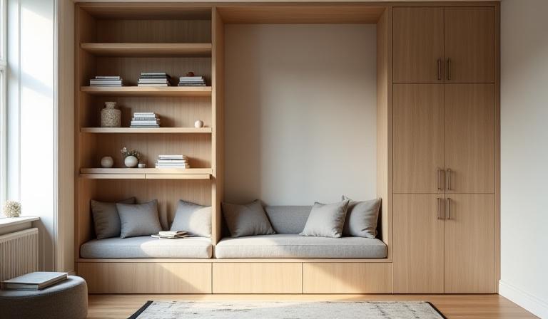 Integrerte hyller og sittebenk i stuen med naturlig lys